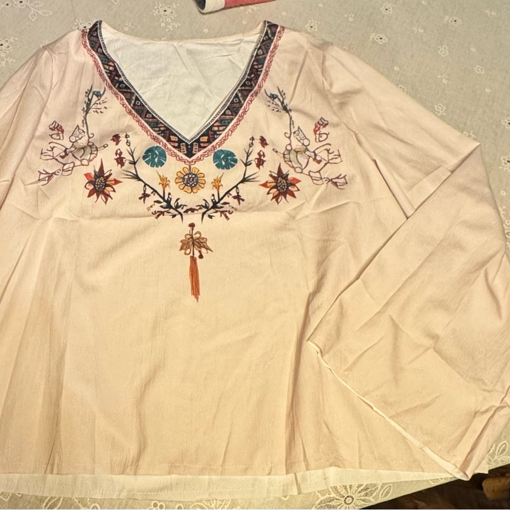 “Embroidered” like pattern
 V-Neck Blouse - cream